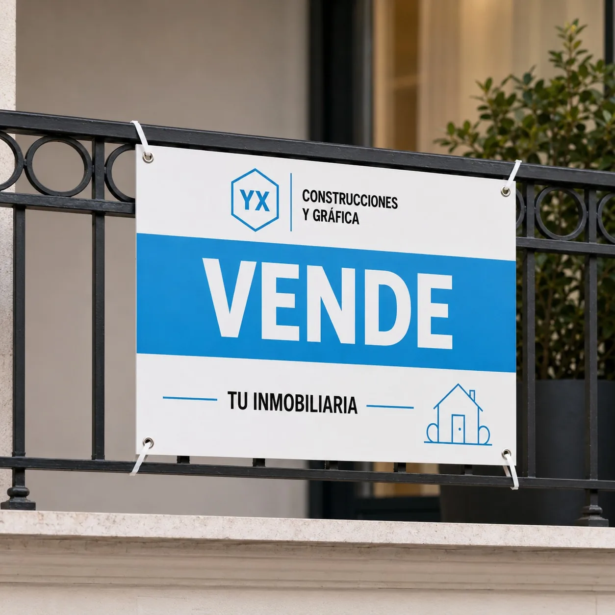 Cartel inmobiliario de PVC espumado colocado en balcón.