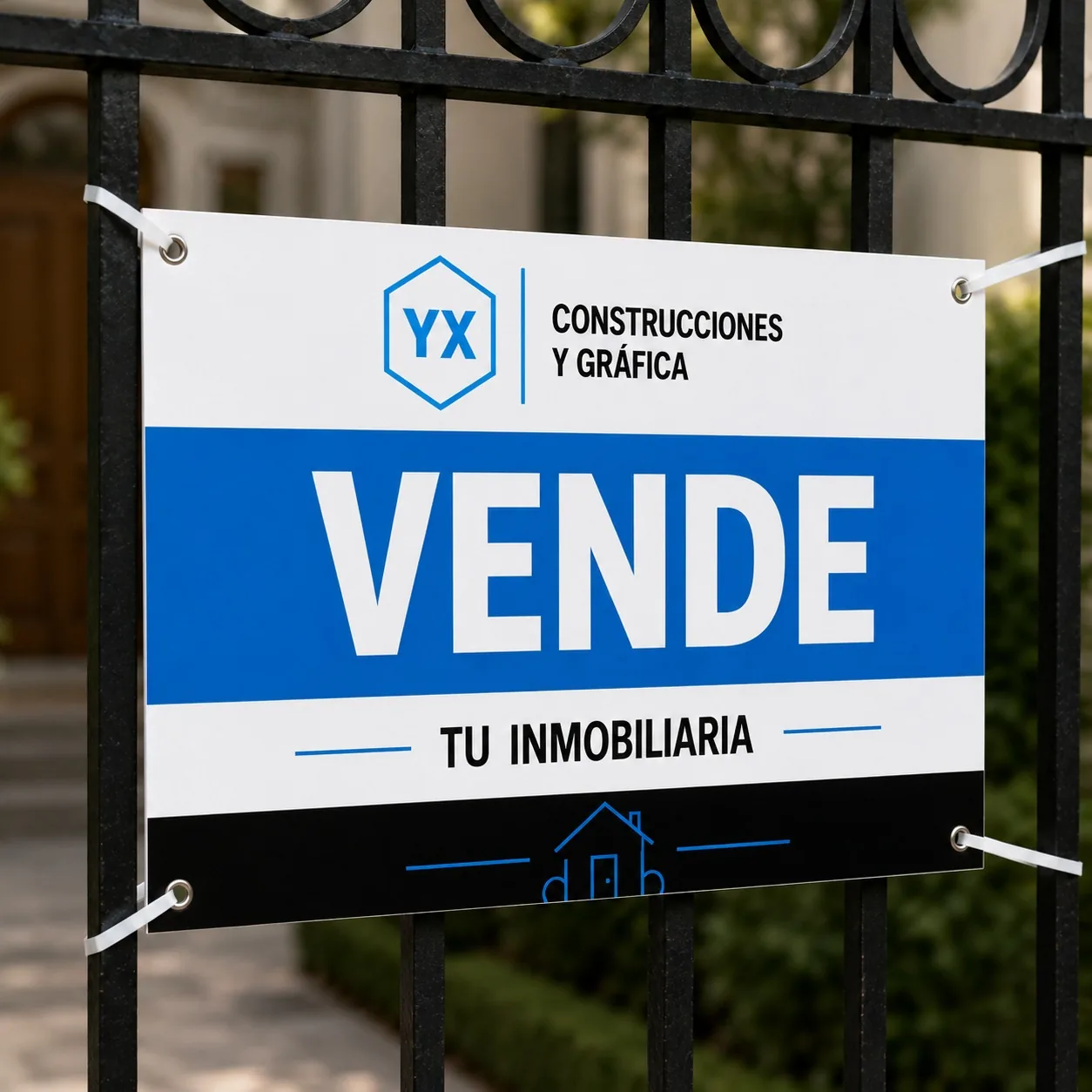 Cartel inmobiliario de PVC sujeto sobre una reja.