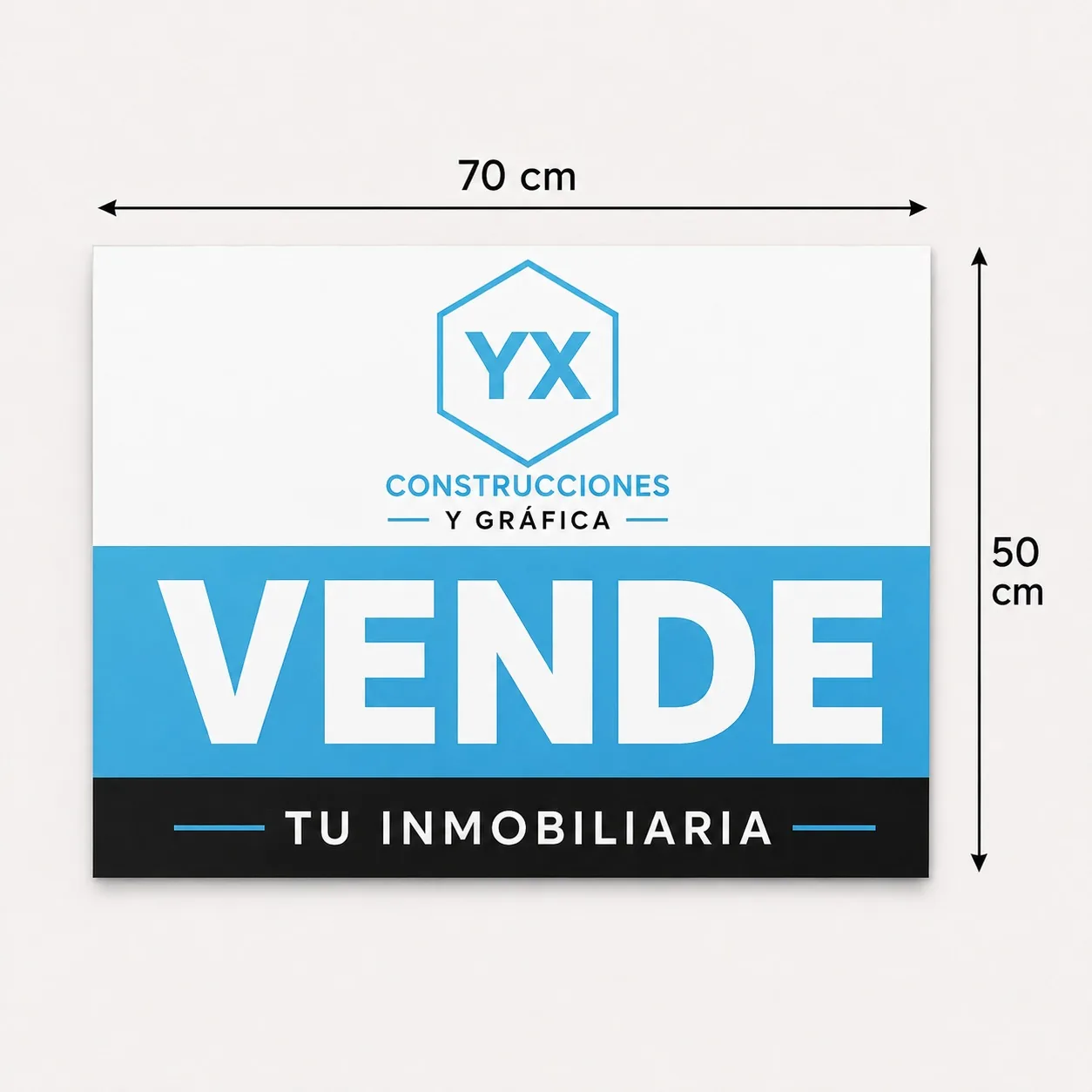 Medidas de cartel inmobiliario horizontal de 70 por 50 centímetros.